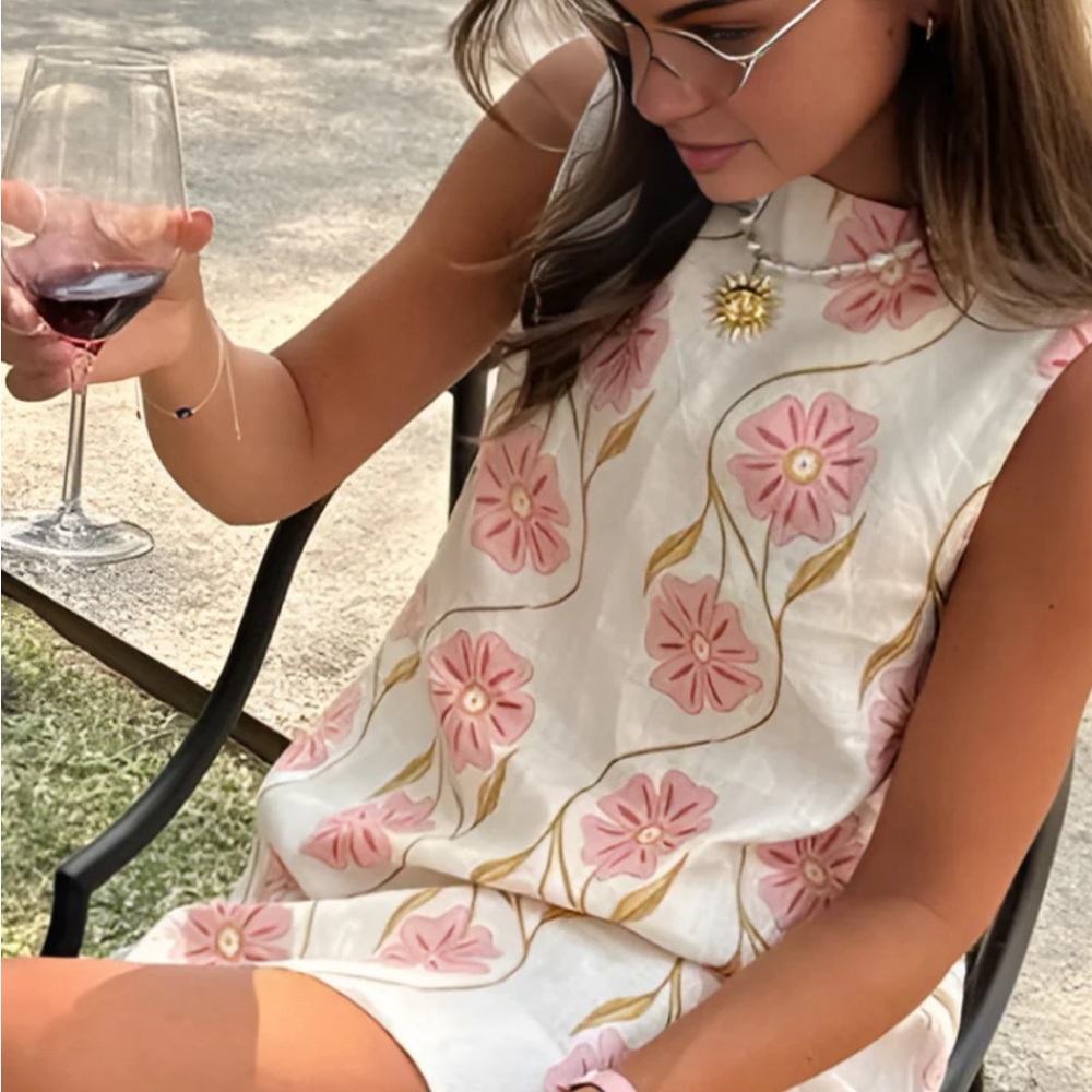 Floral Pink and White Sleeveless Dress